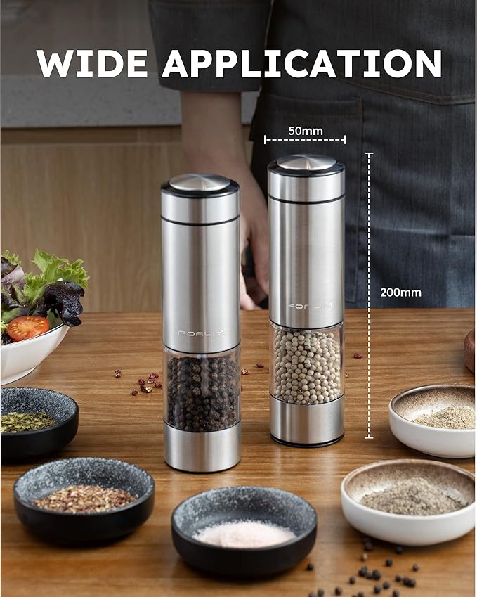 FORLIM Electric Salt and Pepper Grinder Set, Upgraded Washable, Batteries Powered Automatic One-Handed Operation with LED, Adjustable Coarseness Pepper and Salt Grinder Refillable, Stainless Steel