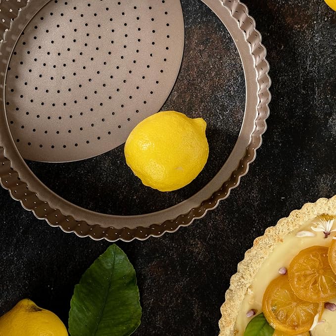 HAPPIELS Nonstick 9 Inch Tart Pan with Removable Bottom | PFOA & BPA Free Non Toxic Fluted Pie & Quiche Tin | Best Perforated Non Stick Nontoxic 9in Molds with Holes for Baking