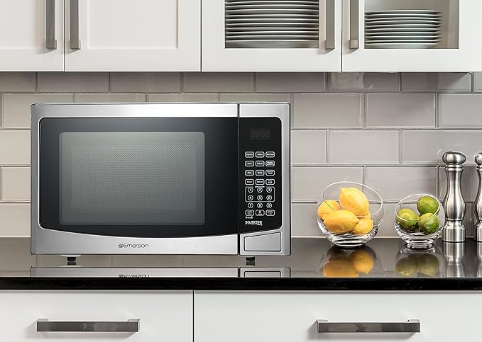 Emerson 1.2 Cu. Ft. Microwave Oven with Inverter, Timer & LED Display, 1000W, 10 Power Levels, 8 Pre-Programmed Settings, Removable Glass Turntable with Child Safe Lock, MWI1212SS, Stainless Steel