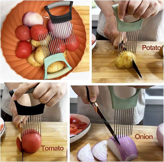 Onion Holder for Slicing Onion Slice Holder Kitchen Chopper Assistant Tool,Vegetable Cutter with Protective Cover for Tomato,Lemon,Potato,Egg,Food Slice Assistant,Home Kitchen Tool (Light Green)