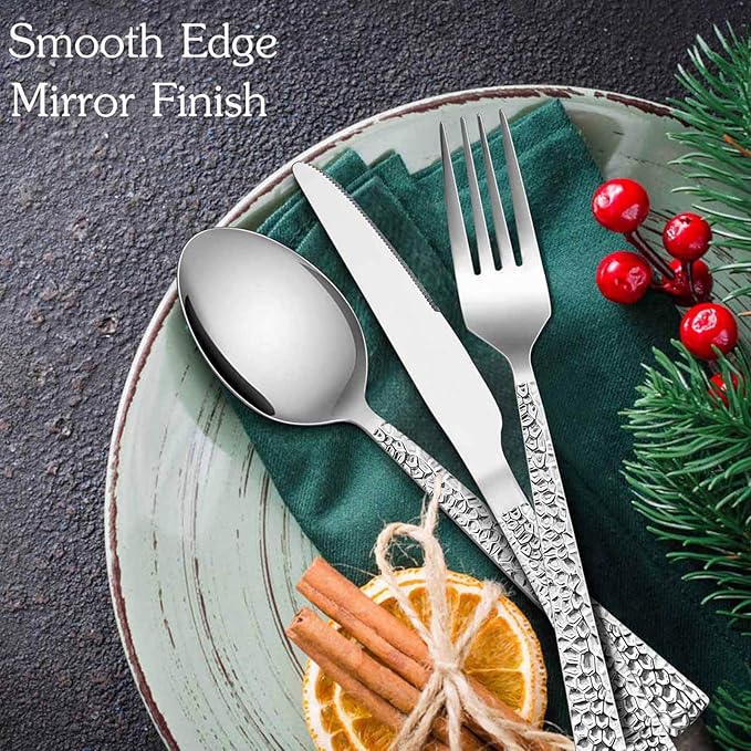 E-far 20-Piece Hammered Silverware Set, Stainless Steel Square Flatware Set Service for 4, Tableware Cutlery Set Includes Forks Spoons Knives, Modern Design & Mirror Finish - Dishwasher Safe
