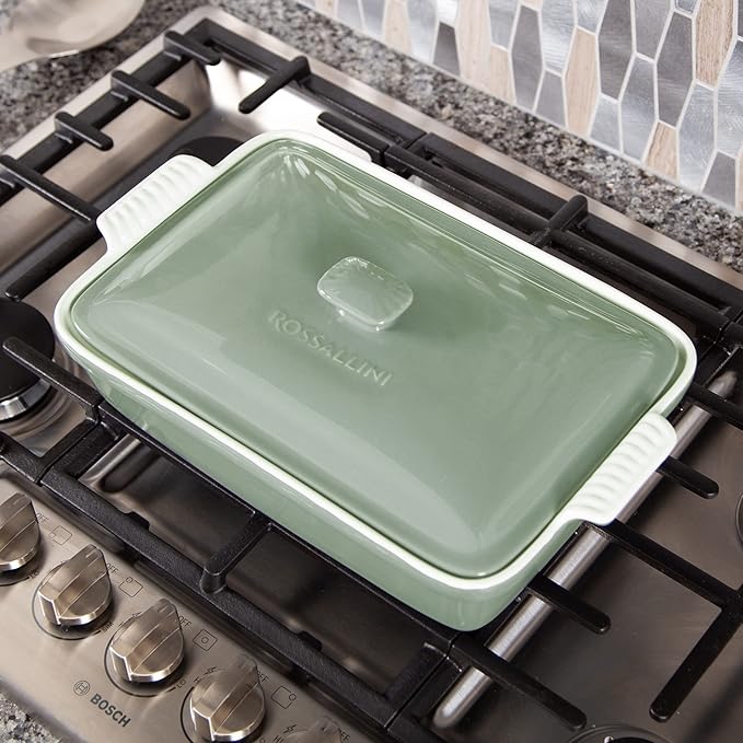 ROSSALLINI Stoneware Casserole Dish Bakeware Set with Lid, Covered Rectangular Dinnerware, Extra Large 4.23 Quart, 13 by 9 Inch, Verde Salvia [Sage Green]