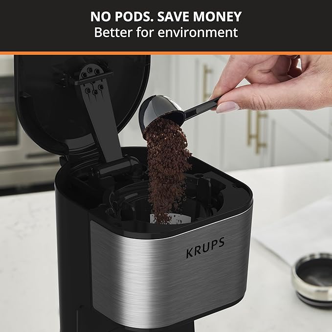 KRUPS: 2 Cup Coffee Maker, Simply Brew Stainless Steel Single Serve Drip Coffee Machine and Travel Tumbler 14 Ounce Stainless Steel Tumbler Included 650 Watts Coffee Filter, Compact Silver and Black