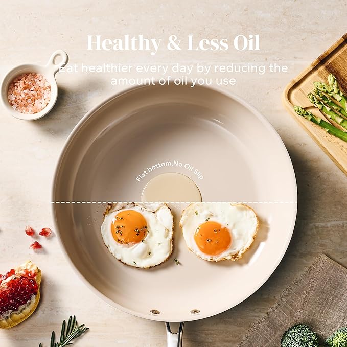 Redchef Ceramic Non Stick Egg Pans, Nonstick Frying Pan Skillet, 8 inch Cooking Pan Non Toxic with Stay Cool Handle for Induction, PTFE & PFAS & PFOA Free, Dishwasher/Oven Safe (Beige White)
