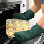 BPA-Free Silicone Oven Mitts Ultra Heat Resistant up to 500°F - Oven Mitts with Thick Cotton Liner - Long Slip Resistant Pot Holders, Flexible Oven Gloves - Green 13.7