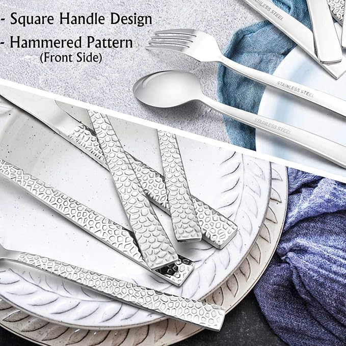 E-far Hammered Silverware Set, 40-Piece Stainless Steel Square Flatware Set for 8, Metal Tableware Cutlery Set Includes Dinner Knives/Forks/Spoons, Modern Design & Mirror Polished - Dishwasher Safe
