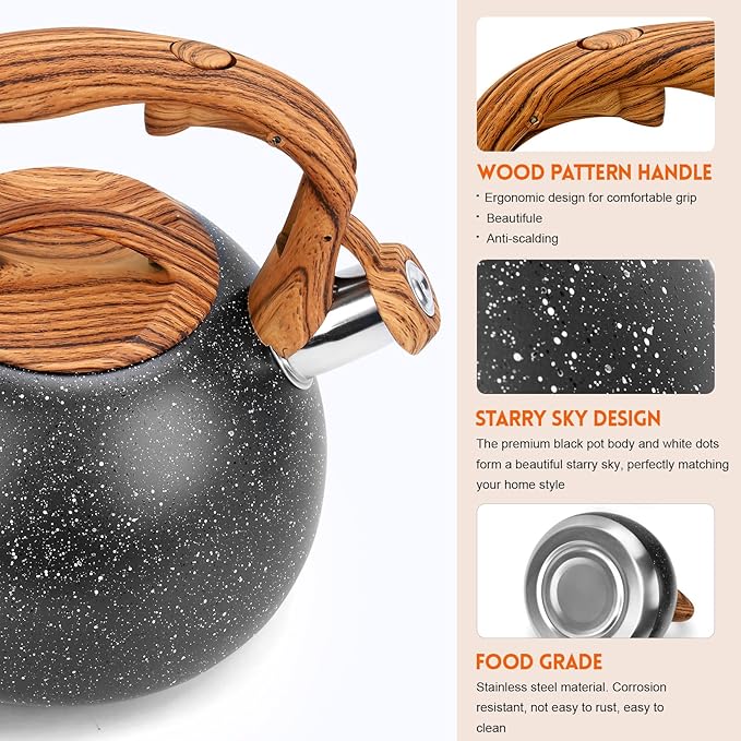 GGC Tea Kettle for Stove Top, Loud Whistling Kettle for Boiling Water Coffee or Milk, 3.1 Quart Heavy Stainless Steel Starry Black Kettle with Wood Pattern Handle, Unique Button Control Kettle Outlet