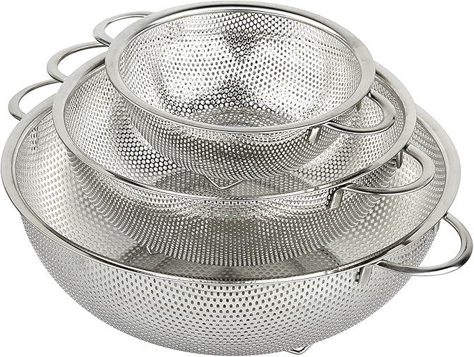 3-Piece Stainless Steel Mesh Micro-Perforated Strainer Colander Set (1-Quart, 2.5-Quart and 4.5-Quart)