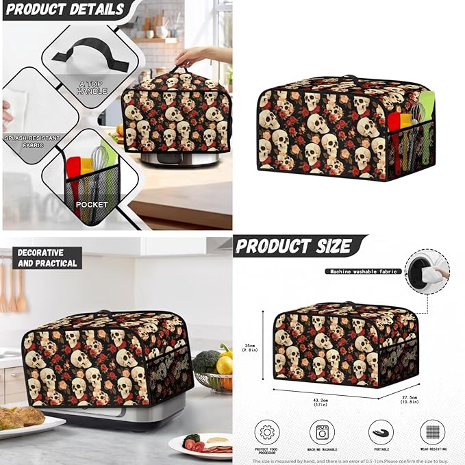 Rose Skulls Kitchen Appliance Covers 3 Pcs Set Gothic Toaster Covers 4 Slice Wide Slot & Blender Cover with Top Handle & Slow Cooker Dust Cover Halloween Decor