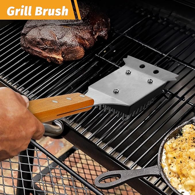 PURPLEBIRD Grill Utensils Set with Brush - 5pcs Grilling Tools Set with Bag Apron, Heavy Duty BBQ Tool Sets with Long Wood Handle, Stainless Grilling Accessories for Outdoor Grill