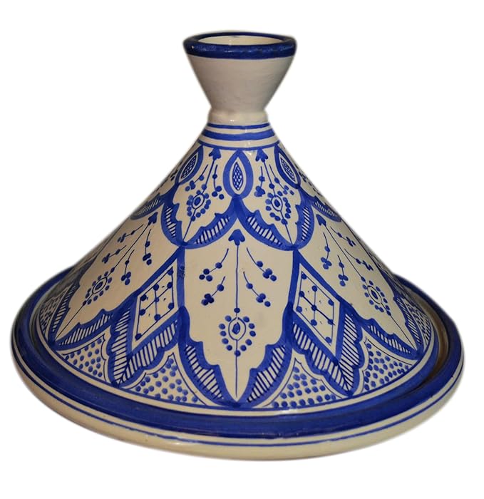 Moroccan Handmade Serving Tagine Exquisite Ceramic With Vivid colors Traditional 12 inches Across XLarge Fes White & Blue