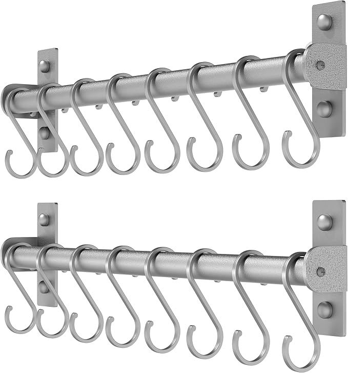 Dseap Kitchen Utensil Holder Hanger, Pot and Pan Rack Wall Mounted, Kitchen Rail with 8 Hooks for Hanging Cooking Utensils, Mugs, Spoons, Wall Mounted, Silver, Pack of 2