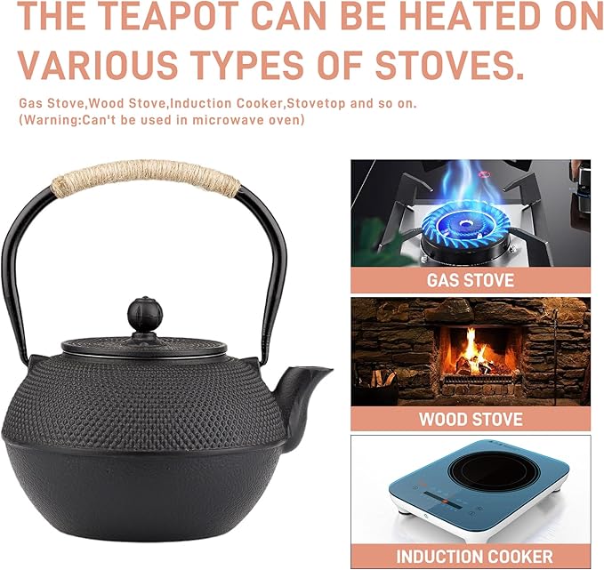 Small Tea Kettle, 40oz Tea Pot, Japanese Tetsubin, Cast Iron Teapot with Infuser for Stovetop Safe Coated with Enameled Interior (Black, 1200ml)