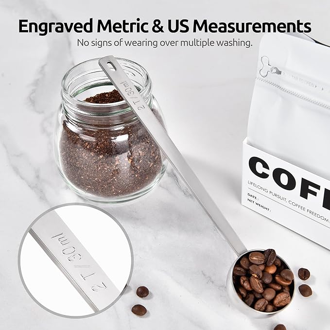 U-Taste Coffee Scoop 2 Tablespoon: 18/8 Stainless Steel Measuring Scooper for Ground Coffee, Bean, Powder, Espresso, 6.9in Long Handle Metal Meaure Spoon for Canister, Jar (2Tbsp/30ml, Silver)