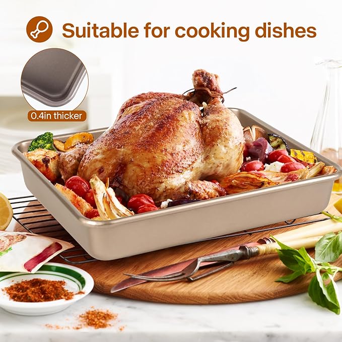 Deep Baking Pans Set, 3-Pieces Rectangle Cake Pan, Nonstick Roasting Pans Set for Thanksgiving Christmas, 9/11/13 Inch, Toaster Oven Tray Bakeware Set, Lasagna Pan Deep Size, Heavy Duty, Gold