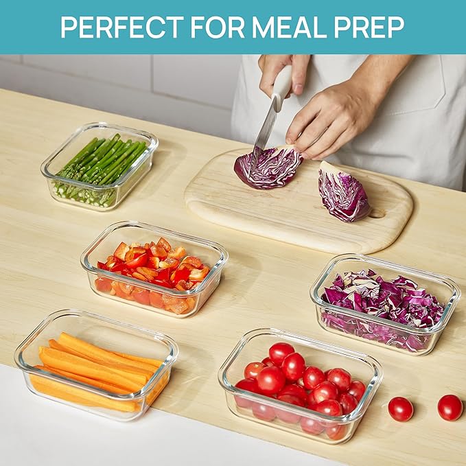 Vtopmart 5Pack 22oz Glass Storage Containers with Lids, Glass Meal Prep Food Container Sets with Snap Airtight Lids for Microwave, Oven, Freezer and Dishwasher, Green
