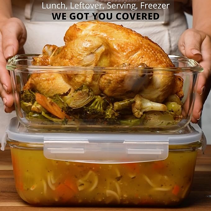 8 Cups/ 63 Oz 4 Piece (2 containers + 2 Lids) Large Glass Food Storage/ Baking Containers with Locking Lids . Ideal for Storing food, vegetables or fruits. BPA Free & Leak Proof -Microwave, Oven Safe