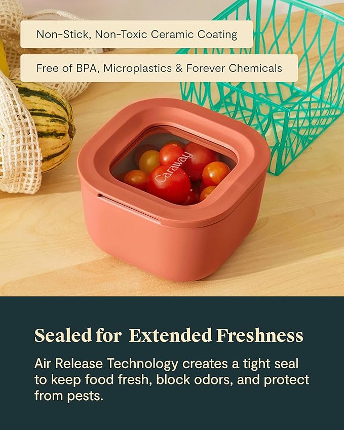 Caraway Mini Square Food Storage Container - 1.75 Cup Glass Storage Container for Food - Non-Toxic Ceramic-Coated Glass - Air Release Technology - Compact & Stackable Design - Navy