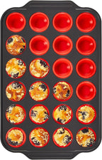 BRONYPRO Silicone Mini Muffin Pan with Metal Frame, Egg Bite Molds for Baking for Baking, Cupcake Pans 24 Regular Size, Muffin Tins Easy to Pop Nonstick Non Toxic Bakeware for Oven,Red