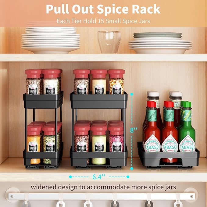 Pull Out Spice Rack Organizer for Cabinet, 2 Pack Widen Slide Out Spice Racks Organizer, Spice Cabinet Organizers, Cabinet Size Need:12'' Highx11'' Deepx6.75'' Wide,Hold 15 Spice Jar Each Tier-2Tier