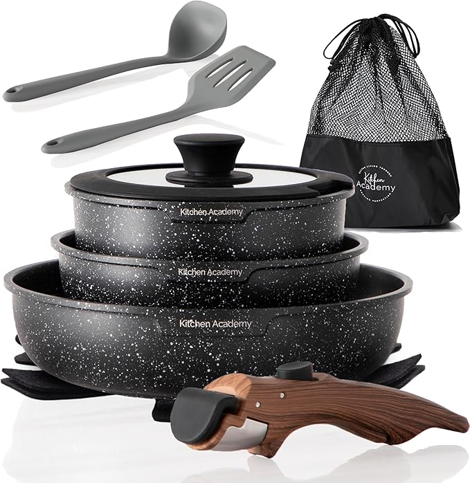 Kitchen Academy Removable Handle Induction Pots and Pans Set - 10 Piece Non-stick Cookware Sets, Black Granite Stackable RV Cookware for Camp