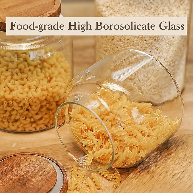 Labina Glass Storage Container Airtight Food Jars Kitchen Canister with Wood Lids, 47 Oz Wide Mouth Pantry Organization Glass Jar for Flour, Sugar, Cookie, Spagetti, Nuts and Candy
