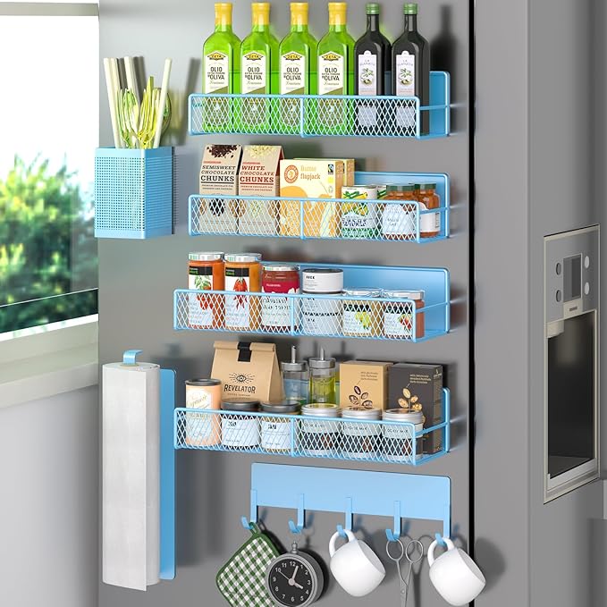 Magnetic Spice Rack for Refrigerator, 7 Pack Metal Magnetic Shelf Blue, Moveable Spice Organizer with Hook Rack, Paper Towel Holder, Kitchenware Holder, Strong Magnetic Storage Fridge Organizer