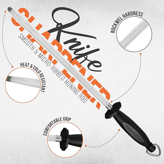 Utopia Kitchen 10 Inch Honing Steel Knife Sharpening Steel Sharpening Rod, Black