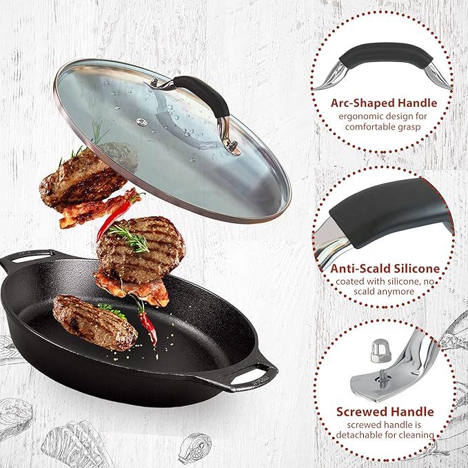 12 Inch Tempered Glass Pot Lid Compatible with 12” Lodge Cast Iron Skillets and 7 Quart Dutch Ovens - Designed with Steam Vent Hole and Heat Resistant Handle