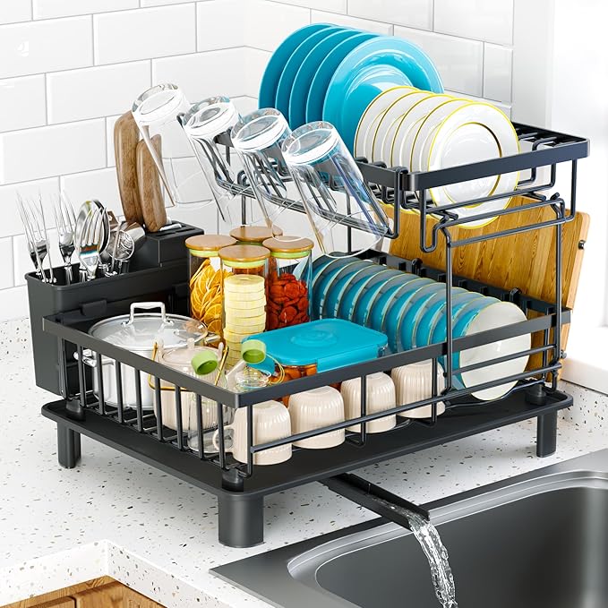 Dish Drying Rack, 2 Tier Dish Racks for Kitchen Counter, Compact Drying Rack Kitchen, Rust-Resistant Dish Drainer, Detachable Space-Saving Dish Rack with Drainboard, Utensil Holder, Black