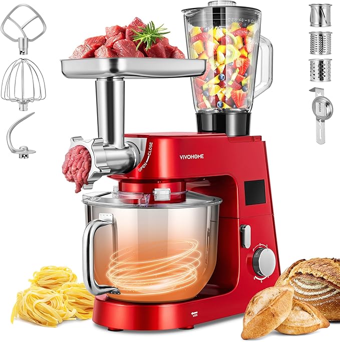 VIVOHOME 9 in 1 Multifunctional Stand Mixer with Fermentation, 6 Speed 7.5 Quart Kitchen Electric Food Mixer with Timer, Meat Grinder, Juice Blender, Vegetable Slicer, Pasta and Cookie Maker, Red