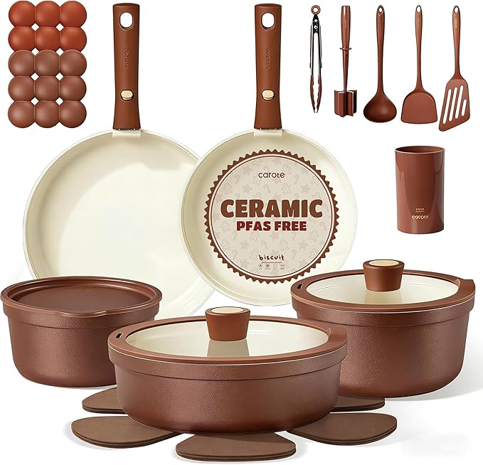 CAROTE 22Pcs Ceramic Cookware Set, Pots and Pans Set Non Stick Removable Handles, Non Toxic Cookware Oven/Dishwasher Safe, Induction Cookware, Gift Set, NonStick Cookware Set with Kitchen Essentials