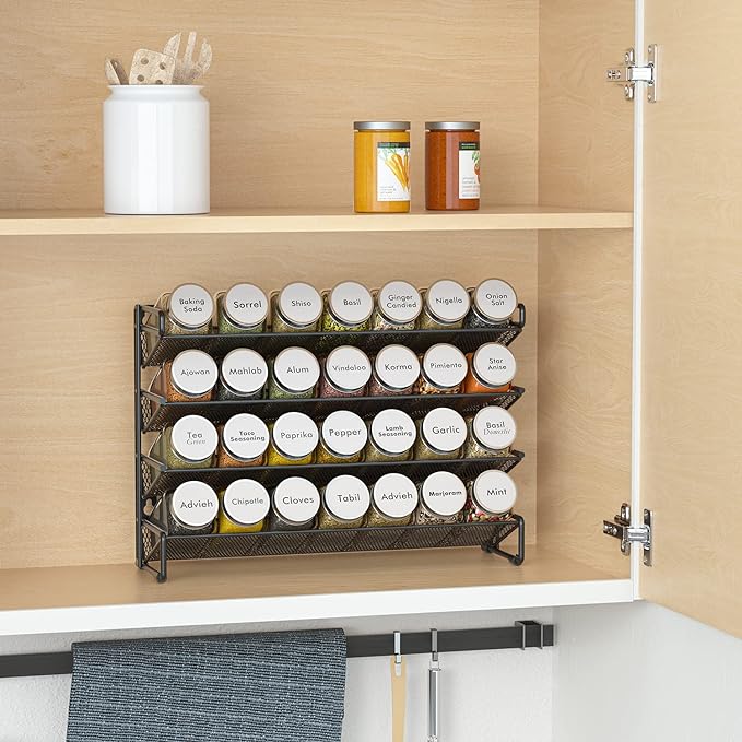 SpaceAid Spice Rack Organizer with 28 Spice Jars, 386 Spice Labels, Chalk Marker and Funnel Set for Cabinet, Countertop, Pantry, Cupboard or Door & Wall Mount - 28 Jars, 13.4" W × 10.8" H, White
