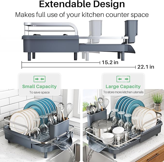 SNTD Dish Drying Rack, Expandable Dish Rack for Kitchen Counter, Stainless Steel Dish Drainer with Drainboard Set and Utensil Holder (Gray)
