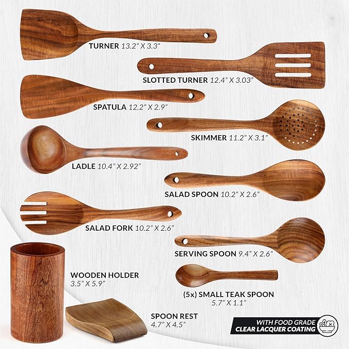 Zulay Kitchen 15-Piece Teak Wooden Utensils for Cooking - Natural Teak Utensil Set with Premium Gift Box - Non-Stick Wooden Spoons for Cooking - Kitchen Gift Set - Comfortable Grip Wooden Utensil Set