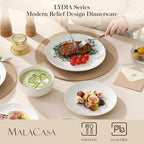 MALACASA 24 Piece Dinnerware Set, Embossed Ceramic Dish Sets Service for 8, Plates and Bowls Set, Durable Stoneware Tableware for Family Dinners, Dishwasher & Microwave Safe