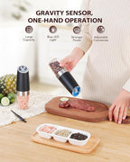 Sangcon Gravity Electric Salt and Pepper Grinder Set Automatic Shakers Mill Grinder with LED Light, BATTERY POWERED Adjustable Coarseness One Hand Operation, Upgraded Larger Capacity