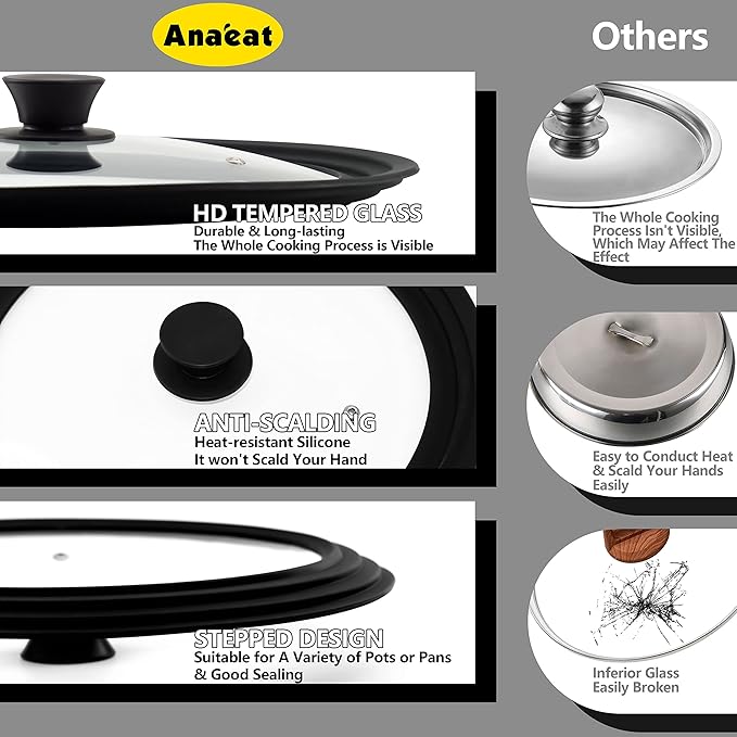 Anaeat Silicone Universal Lid for Pots, Pans and Skillets - Tempered Glass Covered with Heat Resistant Silicone Rim Fits 6", 7" and 8" Diameter Cookware -Easy to Use Replacement Frying Pan Cover