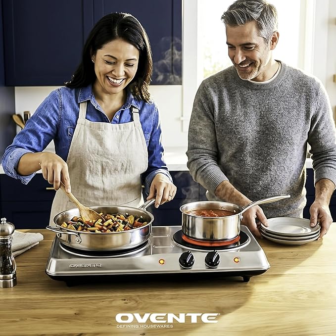 OVENTE Countertop Infrared Double Burner, 1700W Electric Hot Plate and Portable Stove with 7.75" and 6.75" Ceramic Glass Cooktop, 5 Level Temperature Setting and Easy to Clean Base, Silver BGI102S