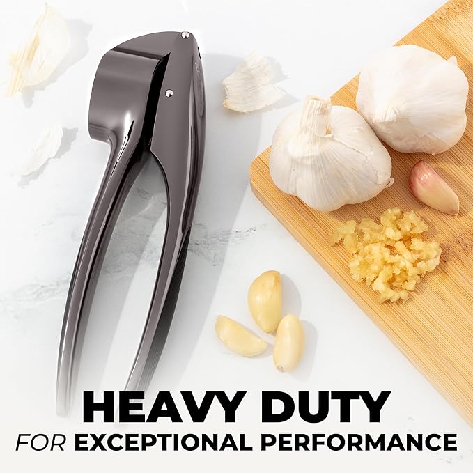 Zulay Kitchen Large Premium Garlic Press Set – Rust Proof & Dishwasher Safe, Bigger Bowl Garlic Mincer Tool with Silicone Garlic Peeler & Brush, Easy Squeeze & Clean, Ergonomic Handle - Dark Gray