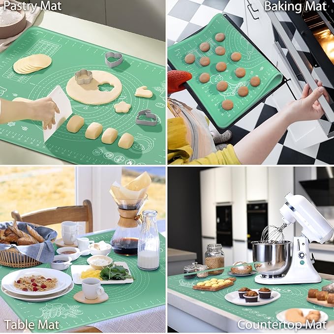 Silicone Pastry Mat 28" x 20" Extra Thick Non Stick Baking Mat with Measurements and Edge Heightening, Food Grade Silicone Rolling Mat for Pastry, Bread, Cookies, Pizza, Fondant, Pasta - Green