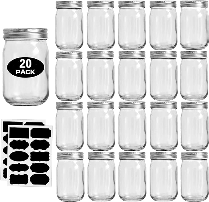 12oz Glass Jars With Lids Regular Mouth 20 Pack -Mason Jars 12 oz For Crafts, Meal Prep, Canning Jars For Food Storage Frascos De Vidrio Con Tapa Para Conservas-with 20 Chalkboard Stickers-Silver Lid