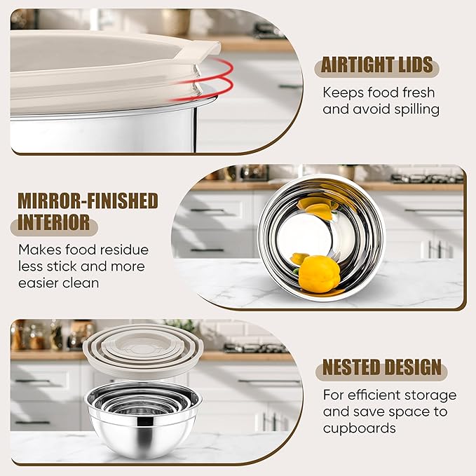 P&P CHEF Mixing Bowls with Airtight Lids Set of 5, 10-Piece Stainless Steel Mixing Nesting Bowl, Metal Bowl with Lid for Kitchen Prepping & Storing, Size 4.6, 3, 1.5, 1, 0.7 QT, Khaki