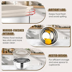 P&P CHEF Mixing Bowls with Airtight Lids Set of 5, 10-Piece Stainless Steel Mixing Nesting Bowl, Metal Bowl with Lid for Kitchen Prepping & Storing, Size 4.6, 3, 1.5, 1, 0.7 QT, Khaki