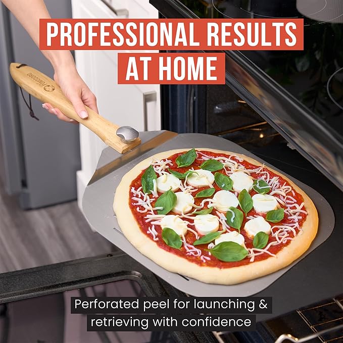 Chef Pomodoro Aluminum Metal Pizza Peel with Foldable Wood Handle for Easy Storage, Pizza Spatula, Gourmet Luxury Pizza Paddle for Baking Homemade Pizza Bread (16 inch)