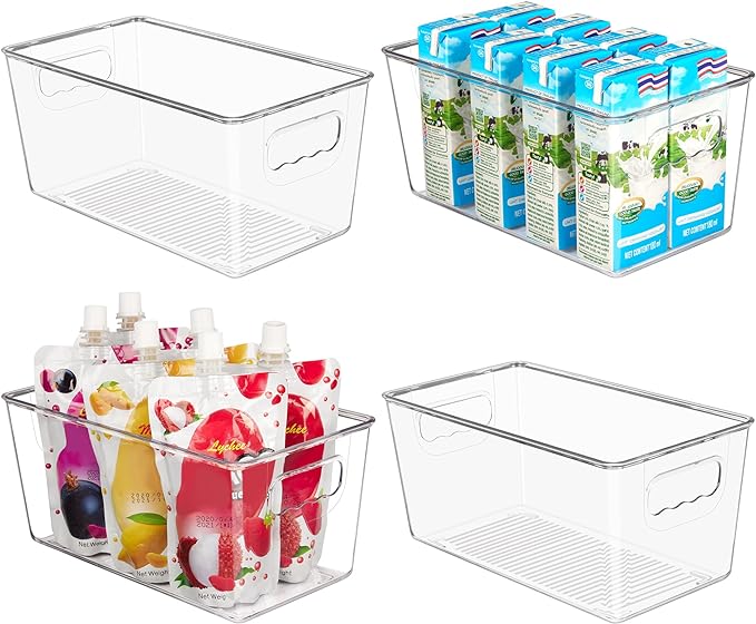 YIHONG Clear Plastic Storage Bins, 4 Pack Small Pantry Organizer Bins with Handle for Kitchen, Freezer,Cabinet,Closet Organization and Storage