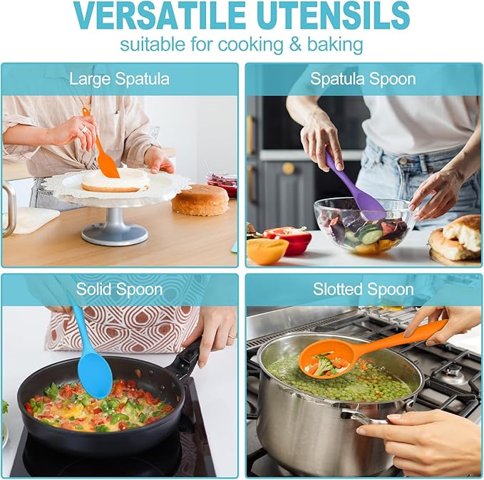 TeamFar Silicone Kitchen Utensils, 7-Piece Kitchen Cooking Utensil Set with Turner Spoon Spatula Ladle, Perfect for Baking Cooking Mixing, Heat-Resistant & Non-Toxic, Dishwasher Safe & Multi Colored