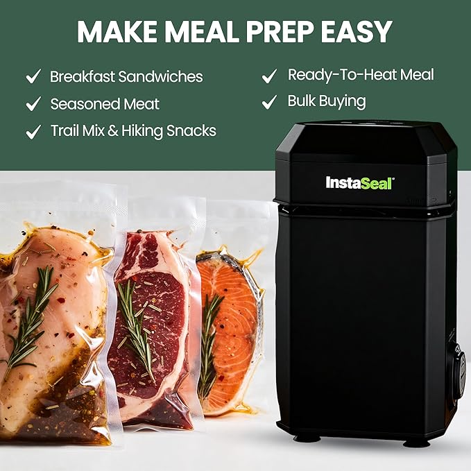 InstaSeal Vacuum Sealer for Food with 12 Bags, Preserves Foods 5x Longer, Space Saving Compact Upright Design Allows Machine to Heat Seal Marinades, Soups, Meats for Sous Vide Cooking