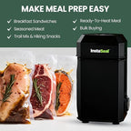 InstaSeal Vacuum Sealer for Food with 12 Bags, Preserves Foods 5x Longer, Space Saving Compact Upright Design Allows Machine to Heat Seal Marinades, Soups, Meats for Sous Vide Cooking