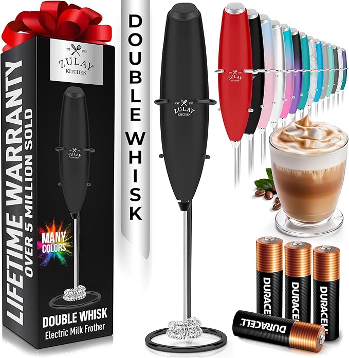 Zulay Kitchen Whisk Milk Frother with 4 Duracell Batteries - Powerful Handheld Foam Maker for Coffee, Lattes, Matcha, Hot Chocolate & Cappuccinos - Whip Creamy Froth in Seconds